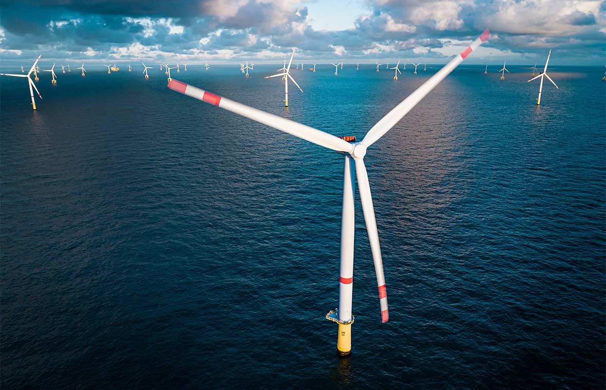 Several wind turbines in the sea