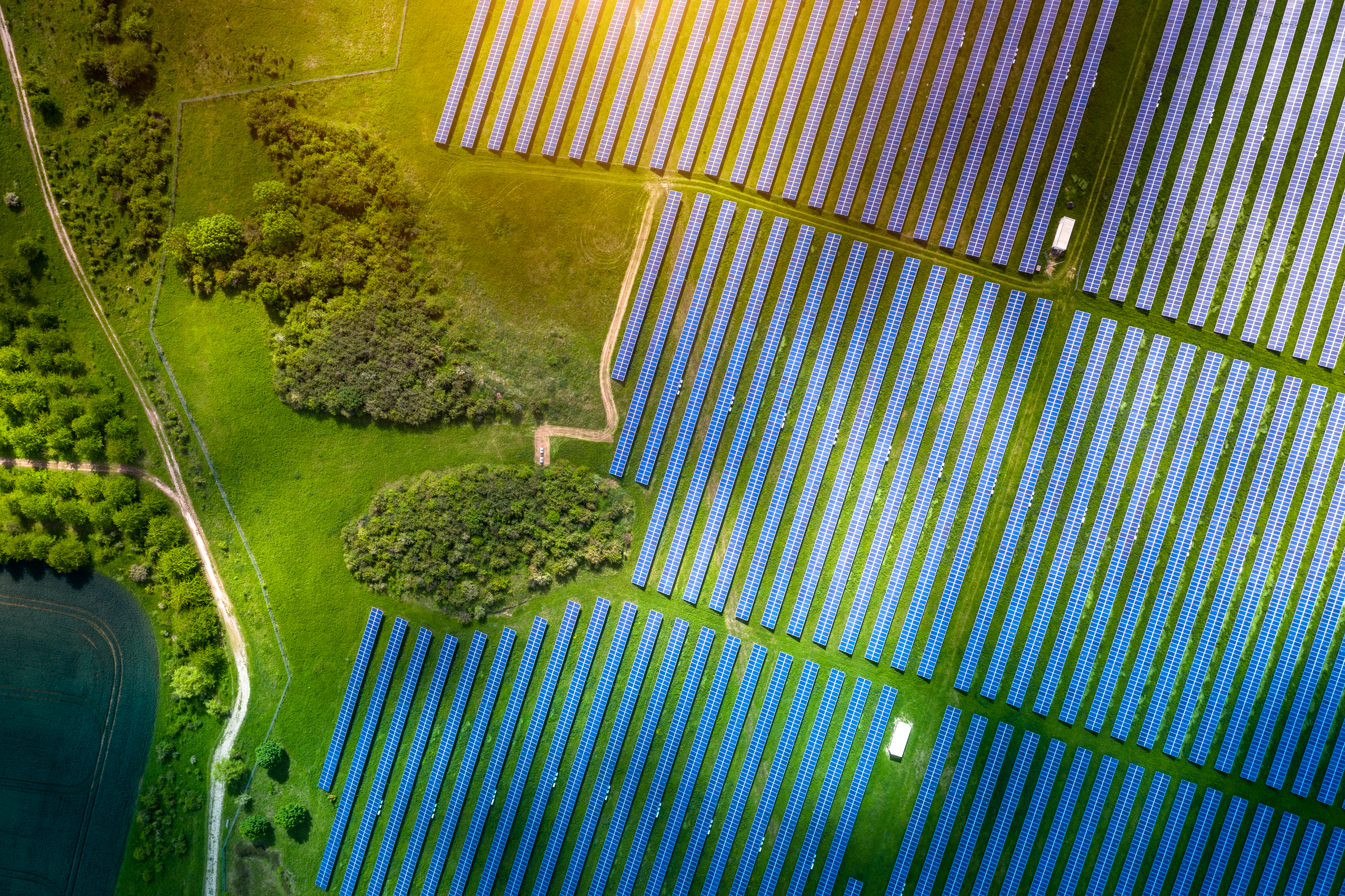 Ansicht einer Solarkraftwerks auf einem Feld aus der Vogelpespektive