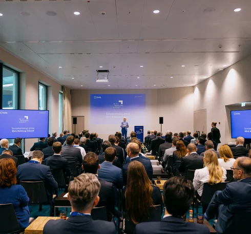 Ein voller Vortragsraum des Investorentags in dem die Gäste die Präsentation verfolgen